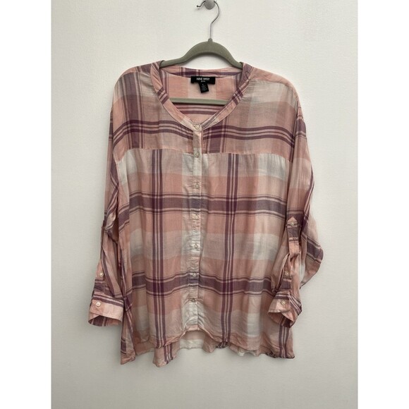 Nine West Women’s shirts Button Down Roll Tab Sleeve Large Plaid Viscose - Picture 1 of 9